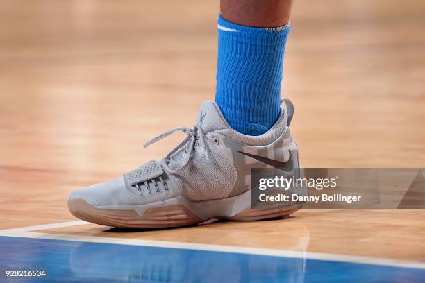 The sneakers worn by Josh Huestis of the Oklahoma City Thunder are seen during the game against the Dallas Mavericks on February 28, 2018 at the...