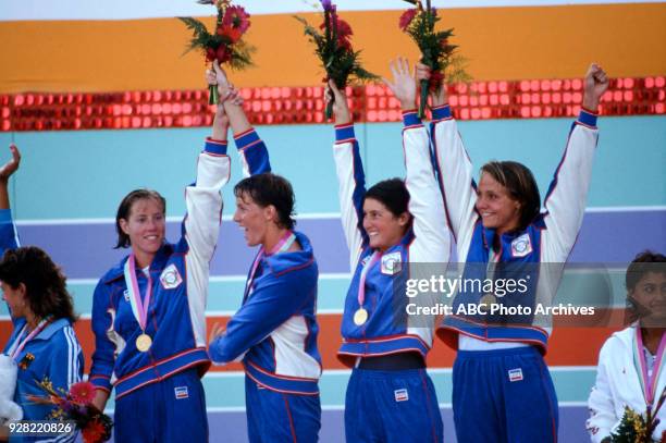 Los Angeles, CA Theresa Andrews, Tracy Caulkins, Mary T. Meagher, Nancy Hogshead, Women's swimming 4 × 100 metre medley relay medal ceremony,...