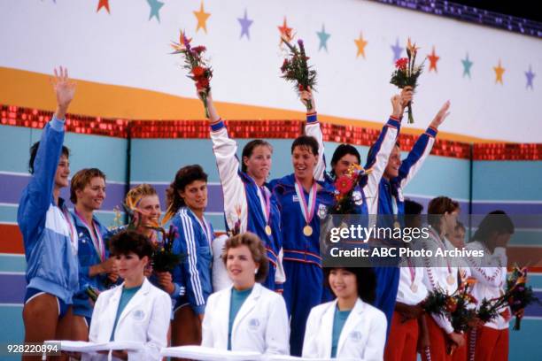 Los Angeles, CA Theresa Andrews, Tracy Caulkins, Mary T. Meagher, Nancy Hogshead, Women's swimming 4 × 100 metre medley relay medal ceremony, West...