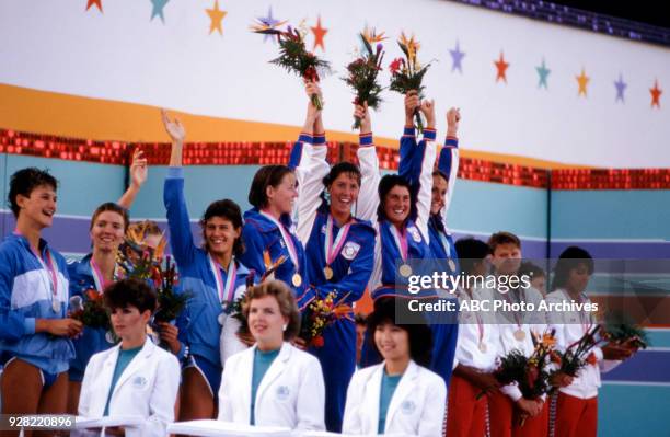 Los Angeles, CA Theresa Andrews, Tracy Caulkins, Mary T. Meagher, Nancy Hogshead, Women's swimming 4 × 100 metre medley relay medal ceremony, West...