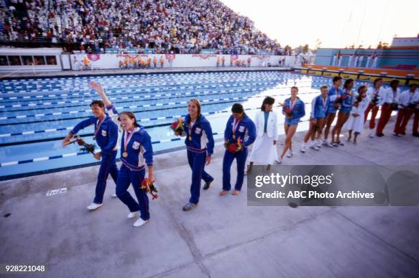 Los Angeles, CA Tracy Caulkins, Theresa Andrews, Nancy Hogshead, Mary T. Meagher, Women's swimming 4 × 100 metre medley relay medal ceremony,...