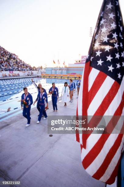 Los Angeles, CA Tracy Caulkins, Theresa Andrews, Nancy Hogshead, Mary T. Meagher, Women's swimming 4 × 100 metre medley relay medal ceremony,...