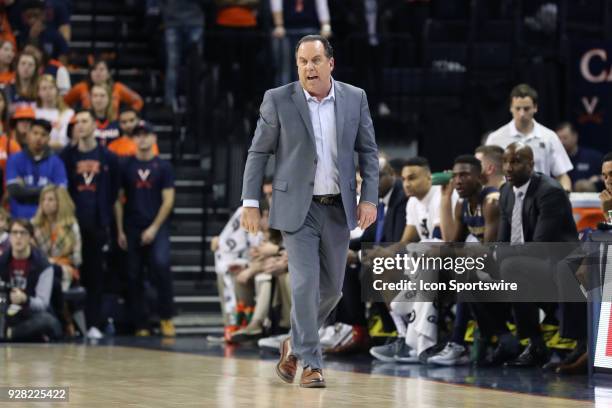 Notre Dame head coach Mike Brey. The University of Virginia Cavaliers hosted the University of Notre Dame Fighting Irish on March 3, 2018 at John...