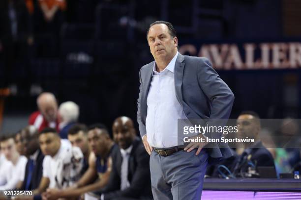 Notre Dame head coach Mike Brey. The University of Virginia Cavaliers hosted the University of Notre Dame Fighting Irish on March 3, 2018 at John...
