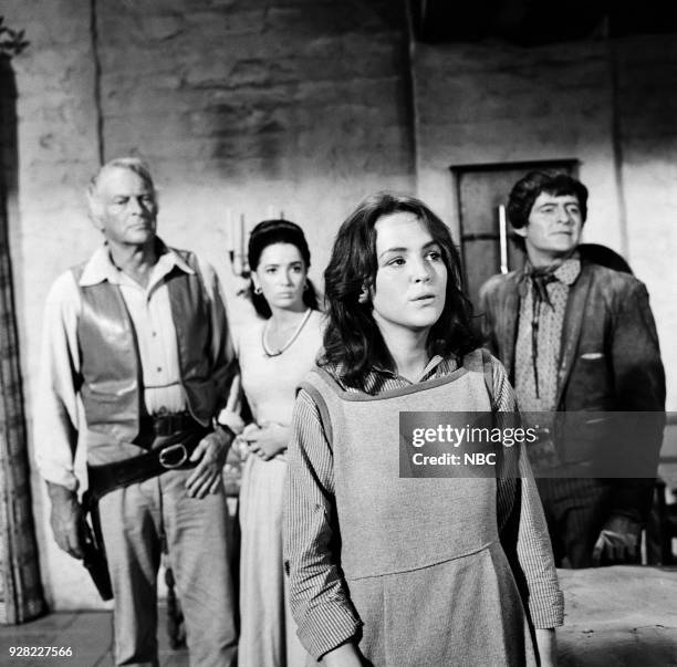 The Deceivers" Episode 9 -- Pictured: Leif Erickson as Big John Cannon, Linda Cristal as Victoria Montoya Cannon, Bonnie Bedelia as Tina Granger, and...