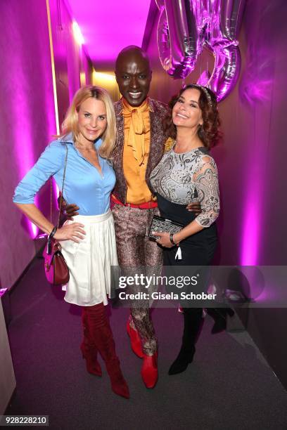 Fashion designer Sonja Kiefer, Papis Loveday and Gitta Saxx during the Business Women's Society launch event at Lovelace Hotel on March 6, 2018 in...