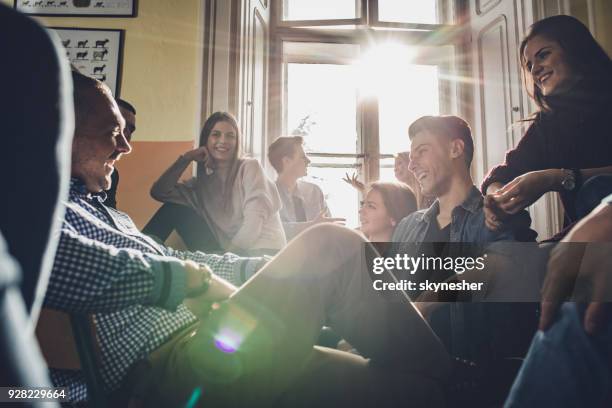 happy teacher and high school students enjoying in conversation on a break. - very young thai girls stock pictures, royalty-free photos & images