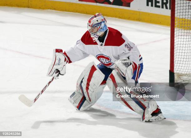 Zach Fucale of the Montreal Canadiens skates in warm-ups prior to the game against the New Jersey Devils at the Prudential Center on March 6, 2018 in...