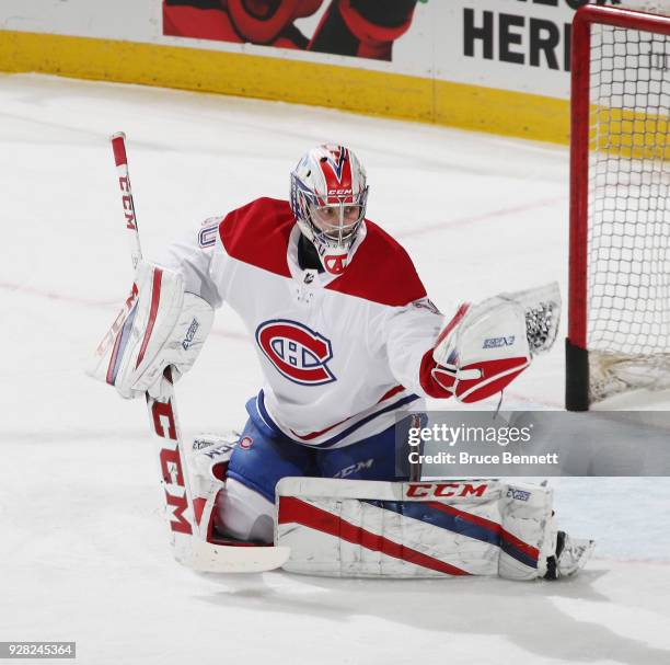 Zach Fucale of the Montreal Canadiens skates in warm-ups prior to the game against the New Jersey Devils at the Prudential Center on March 6, 2018 in...