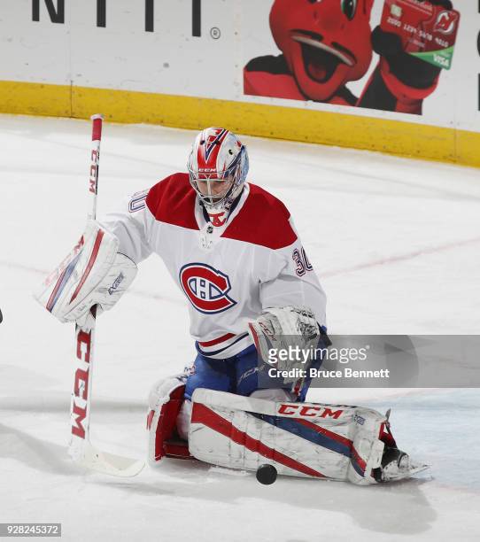 Zach Fucale of the Montreal Canadiens skates in warm-ups prior to the game against the New Jersey Devils at the Prudential Center on March 6, 2018 in...