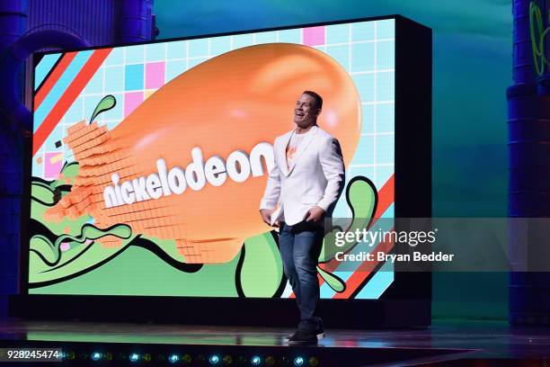 John Cena speaks onstage at the Nickelodeon Upfront 2018 at Palace Theatre on March 6, 2018 in New York City.