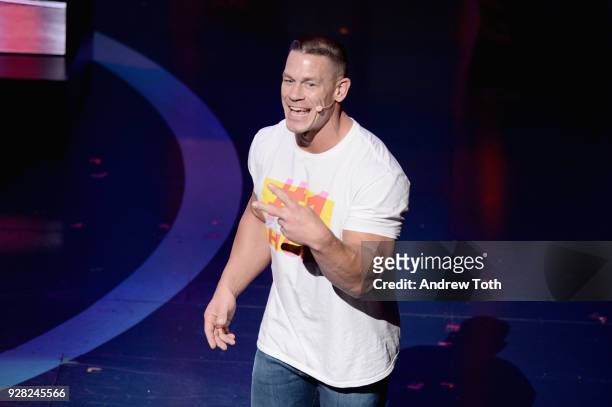 John Cena speaks onstage at the Nickelodeon Upfront 2018 at Palace Theatre on March 6, 2018 in New York City.