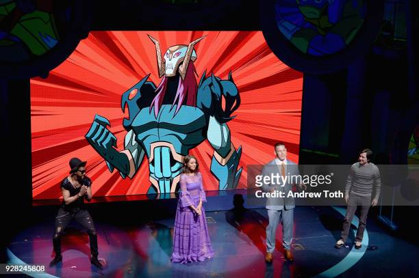 Brandon Mychal Smith, Kat Graham, John Cena and Josh Brener speak onstage at the Nickelodeon Upfront 2018 at Palace Theatre on March 6, 2018 in New...