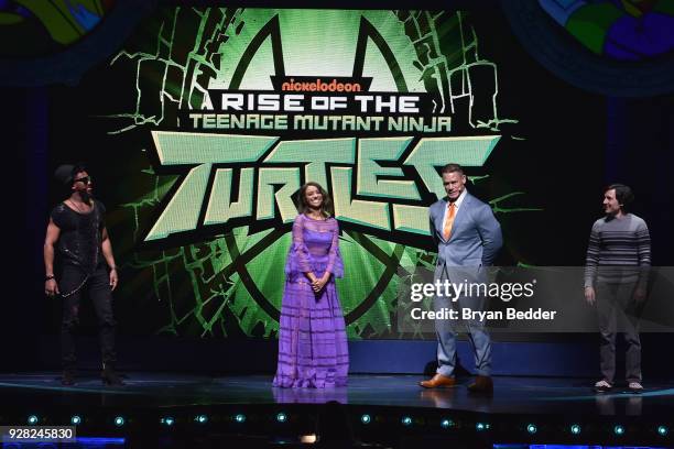 Brandon Mychal Smith, Kat Graham, John Cena and Josh Brener speak onstage at the Nickelodeon Upfront 2018 at Palace Theatre on March 6, 2018 in New...