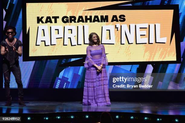 Brandon Mychal Smith and Kat Graham speak onstage at the Nickelodeon Upfront 2018 at Palace Theatre on March 6, 2018 in New York City.