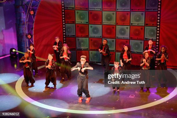 Rahja performs onstage with Lip Sync Battle Shorties Crew at the Nickelodeon Upfront 2018 at Palace Theatre on March 6, 2018 in New York City.