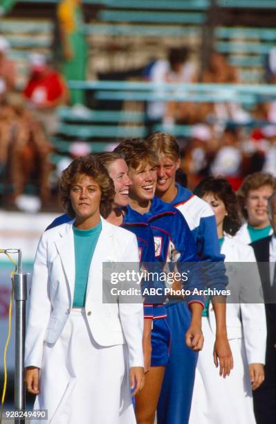 Los Angeles, CA Theresa Andrews, Betsy Mitchell, Jolanda de Rover, Women's Swimming 100 metre backstroke medal ceremony, McDonald's Olympic Swim...