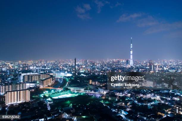 sky tree and night view. - helicopter night stock pictures, royalty-free photos & images