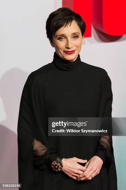 Kristin Scott Thomas arrives for the European film premiere of 'Tomb Raider' at Vue West End cinema in London's Leicester Square. March 6, 2018 in...