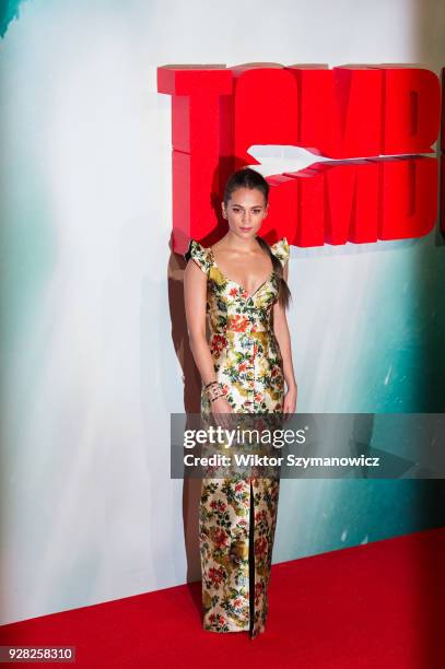 Alicia Vikander arrives for the European film premiere of 'Tomb Raider' at Vue West End cinema in London's Leicester Square. March 6, 2018 in London,...