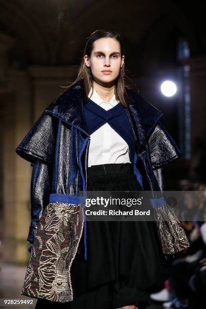 Model walks the runway during the Moon Young Hee show as part of the Paris Fashion Week Womenswear Fall/Winter 2018/2019 on March 6, 2018 in Paris,...