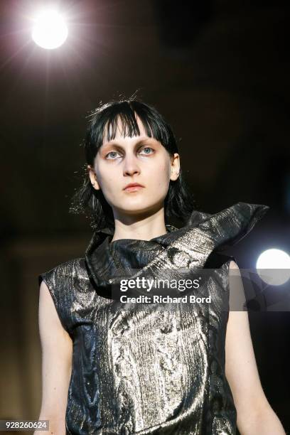 Model walks the runway during the Moon Young Hee show as part of the Paris Fashion Week Womenswear Fall/Winter 2018/2019 on March 6, 2018 in Paris,...