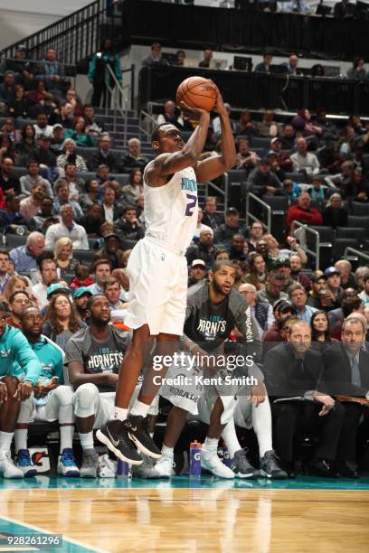 Treveon Graham of the Charlotte Hornets shoots the ball during the game against the Philadelphia 76ers on March 6, 2018 at Spectrum Center in...