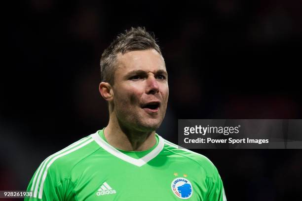 Goalkeeper Stephan Andersen of FC Copenhague reacts during the UEFA Europa League 2017-18 Round of 32 match between Atletico de Madrid and FC...