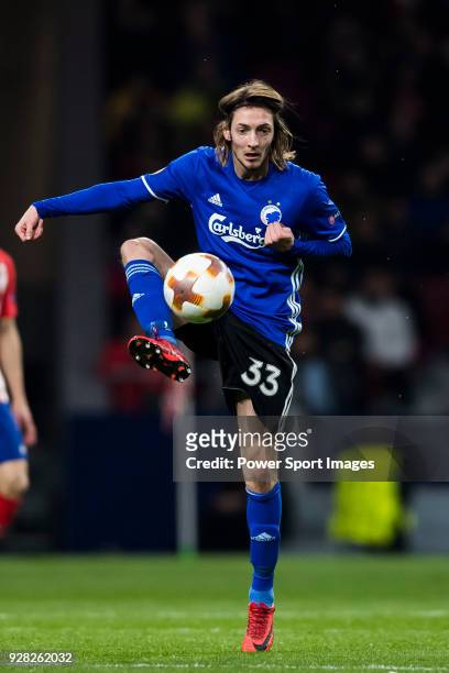 Rasmus Falk Jensen of FC Copenhague in action during the UEFA Europa League 2017-18 Round of 32 match between Atletico de Madrid and FC Copenhague at...