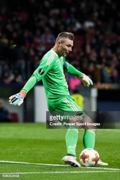 Goalkeeper Stephan Andersen of FC Copenhague in action during the UEFA Europa League 2017-18 Round of 32 match between Atletico de Madrid and FC...