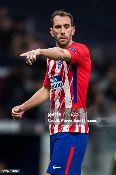 Diego Roberto Godin Leal of Atletico de Madrid reacts during the UEFA Europa League 2017-18 Round of 32 match between Atletico de Madrid and FC...