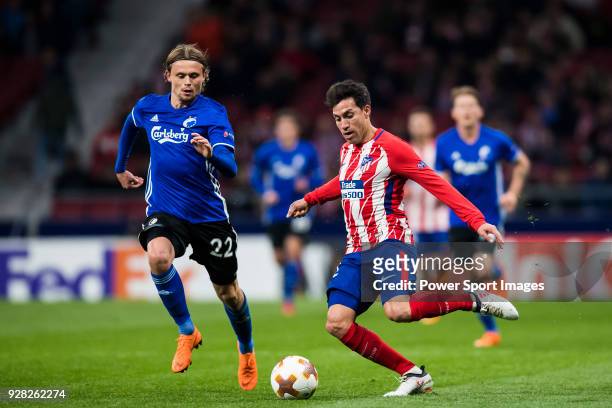 Nicolas Gaitan of Atletico de Madrid battles for the ball with Peter Ankersen of FC Copenhague during the UEFA Europa League 2017-18 Round of 32...
