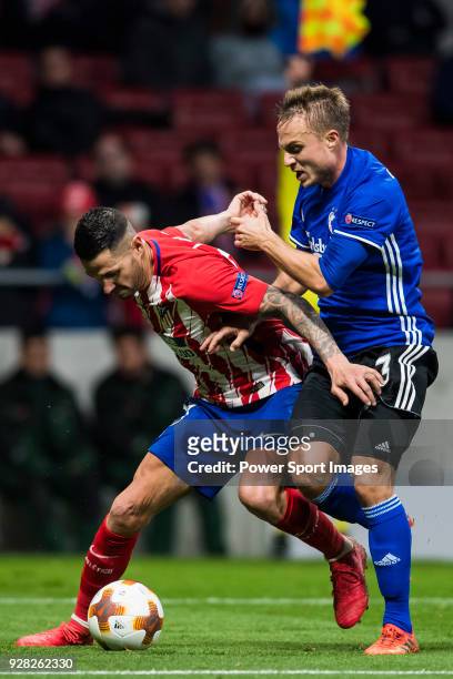 Victor Machin, Vitolo , of Atletico de Madrid fights for the ball with Pierre Bengtsson of FC Copenhague during the UEFA Europa League 2017-18 Round...