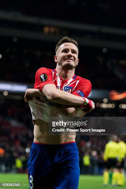 Saul Niguez Esclapez of Atletico de Madrid takes off his shirt after the UEFA Europa League 2017-18 Round of 32 match between Atletico de Madrid and...
