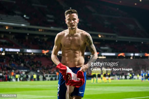 Saul Niguez Esclapez of Atletico de Madrid takes off his shirt after the UEFA Europa League 2017-18 Round of 32 match between Atletico de Madrid and...