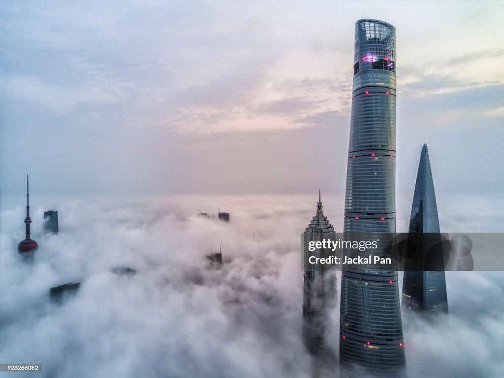 Aerial View of Shanghai Lujiazui Financial District in Fog