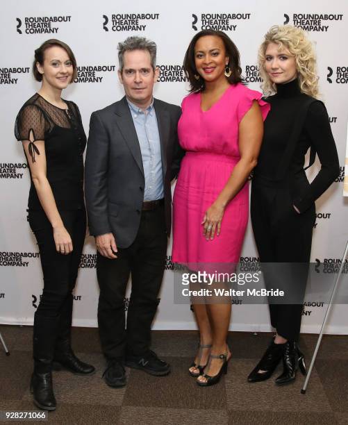 Sara Topham, Tom Hollander, Opal Alladin, and Scarlett Strallen attend the "Travesties" Cast Photo Call on March 6, 2018 at the Roundabout Theatre in...