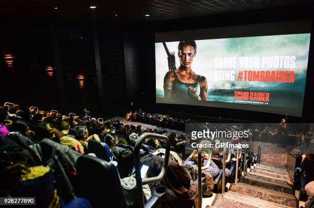 Guests attend a special advance screening of Lara Croft: Tomb Raider with actor Walton Goggins at Scotiabank Theatre on March 6, 2018 in Toronto,...