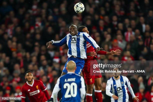 Vincent Aboubakar of FC Porto and Joel Matip of Liverpool during the UEFA Champions League Round of 16 Second Leg match between Liverpool and FC...