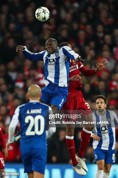 Vincent Aboubakar of FC Porto and Joel Matip of Liverpool during the UEFA Champions League Round of 16 Second Leg match between Liverpool and FC...