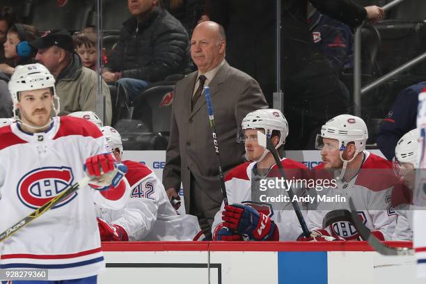 Head Coach Claude Julien of the Montreal Canadiens looks on during the game against the New Jersey Devils at Prudential Center on March 6, 2018 in...
