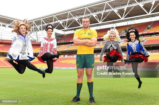Izack Rodda poses for a photo with Irish dancers during a Rugby Australia media opportunity at Suncorp Stadium on March 7, 2018 in Brisbane,...