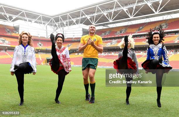 Izack Rodda enjoys himself as he dancers with Irish dancers during a Rugby Australia media opportunity at Suncorp Stadium on March 7, 2018 in...