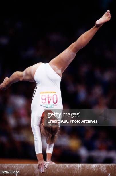 Los Angeles, CA Heike Schwarm, Women's Gymnastics balance beam competition, Pauley Pavilion, at the 1984 Summer Olympics, August 1, 1984.