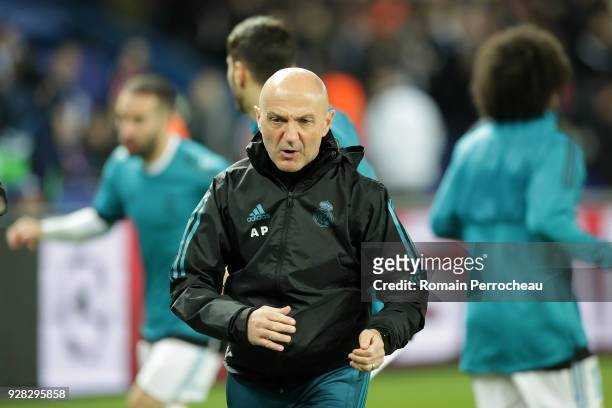 Real Madrid fitness coach Antonio Pintus looks on before the UEFA Champions League Round of 16 Second Leg match between Paris Saint-Germain and Real...