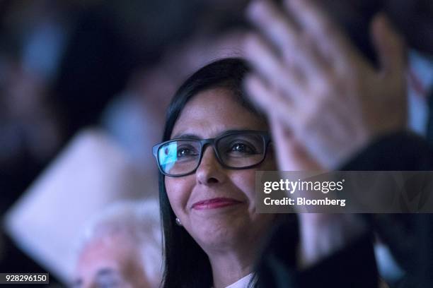 Delcy Rodriguez, president of the Constituent Assembly, smiles during the "We Are All Venezuela" summit in Caracas, Venezuela, on Tuesday, March 6,...