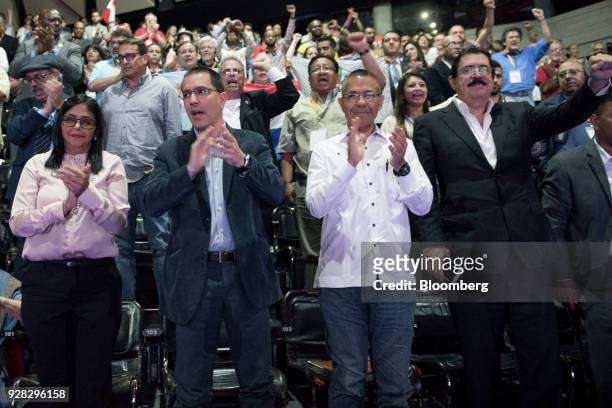 Delcy Rodriguez, president of the Constituent Assembly, from left, Jorge Arreaza, Venezuela's foreign affairs minister, Ernesto Villegas, Venezuela's...
