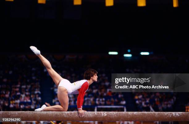 Los Angeles, CA Mary Lou Retton, Women's Gymnastics balance beam competition, Pauley Pavilion, at the 1984 Summer Olympics, August 1, 1984.