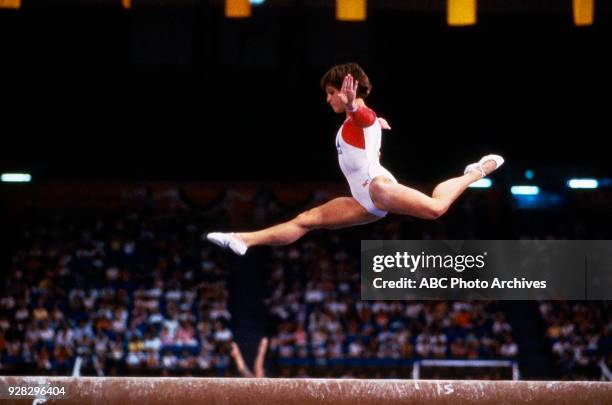 Los Angeles, CA Mary Lou Retton, Women's Gymnastics balance beam competition, Pauley Pavilion, at the 1984 Summer Olympics, August 1, 1984.