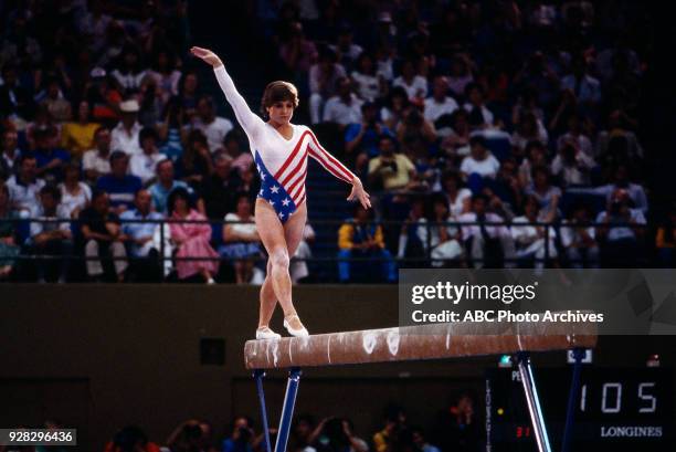 Los Angeles, CA Mary Lou Retton, Women's Gymnastics balance beam competition, Pauley Pavilion, at the 1984 Summer Olympics, August 1, 1984.